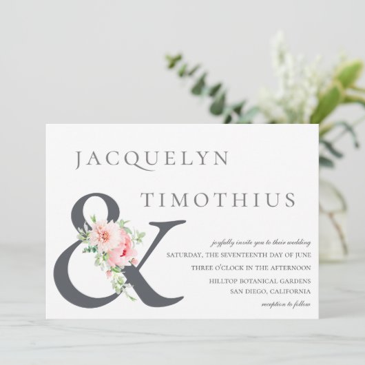 Elegante Blush Botanischer Ampersand Hochzeit Einladung (Stehend Vorderseite)
