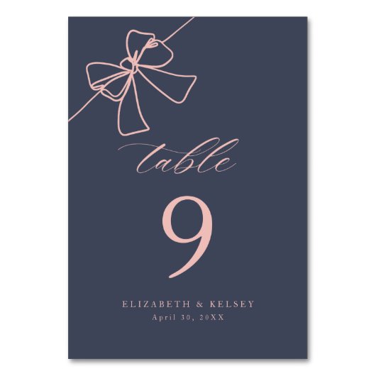 Elegante Blush Bow Chic Slate Blue Tischnummer (Vorderseite)