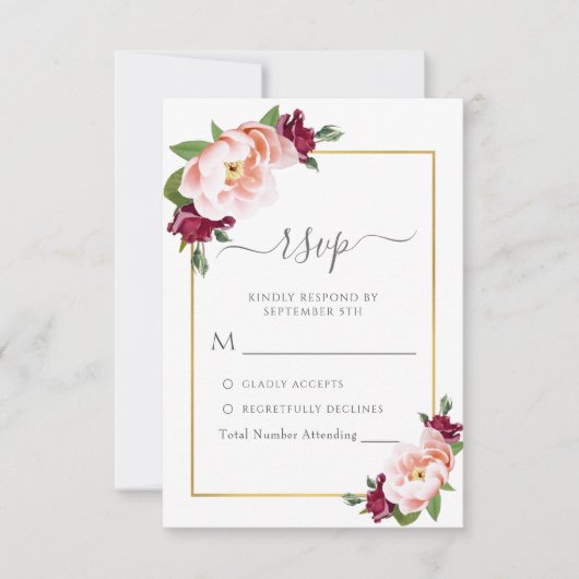 Elegante Blush Burgundy Gold Floral Wedding RSVP Karte (Vorderseite)