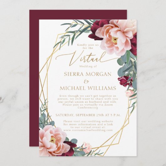 Elegante Blush Burgundy Gold Virtual Wedding Einladung (Vorne/Hinten)