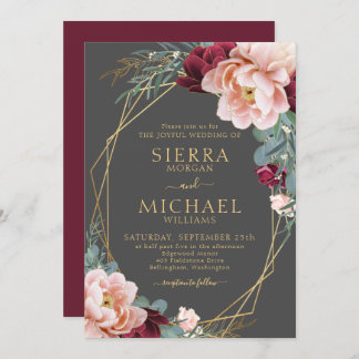Elegante Blush Burgundy Gray Gold Peony Wedding Einladung