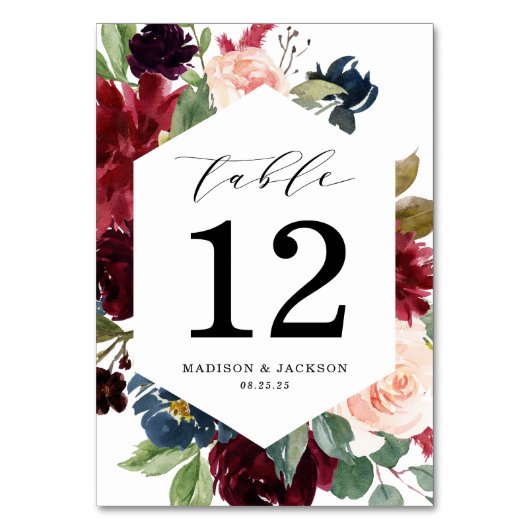 Elegante Blush Burgundy und blumenreiche Hochzeit Tischnummer (Vorderseite)