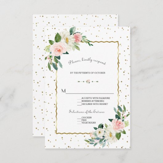 Elegante Blush Cream Blume Gold Glitzer Hochzeit RSVP Karte (Vorne/Hinten)