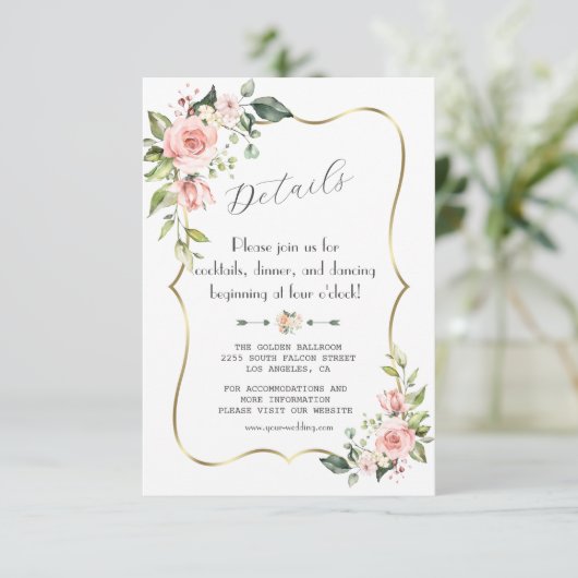 Elegante Blush Cream Blume Hochzeiten Details Begleitkarte (Stehend Vorderseite)