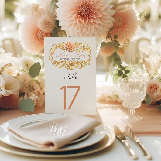 Elegante Blush Dahlien Golden Script Hochzeit Tischnummer