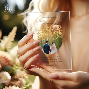 Elegante Blush Dahlien Golden Script Hochzeitsfoto Acryleinladungen