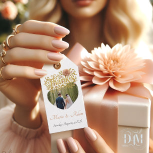 Elegante Blush Dahlien Golden Script Hochzeitsfoto Geschenkanhänger