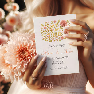 Elegante Blush Dahlien Golden Script Hochzeitsfoto Save The Date