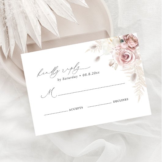 Elegante Blush Dusty Rose Bloral Wedding RSVP Card