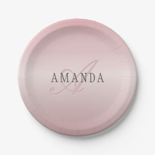Elegante Blush Faux Roségold Name & Monogramm Pappteller