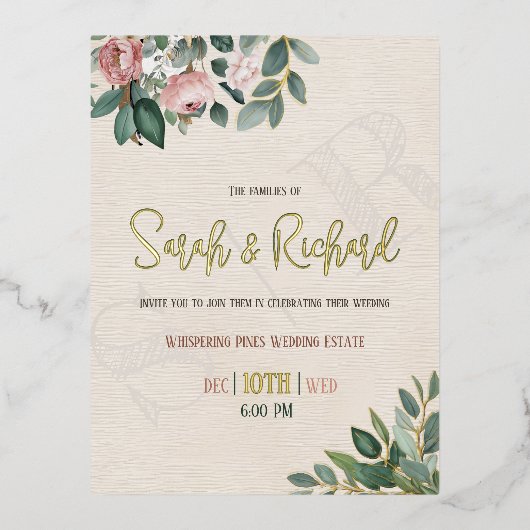 Elegante Blush Floral Monogram Wedding Folie Einladungspostkarte (Vorderseite)