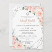 Elegante Blush Floral Rose Silver Bat Mitzvah Einladung (Vorderseite)