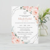 Elegante Blush Floral Rose Silver Bat Mitzvah Einladung (Stehend Vorderseite)