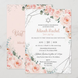 Elegante Blush Floral Rose Silver Bat Mitzvah Einladung