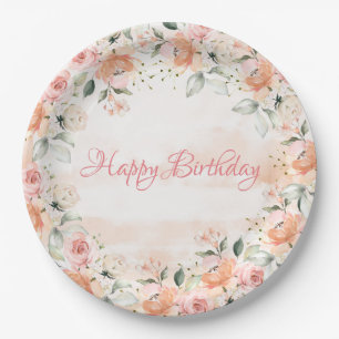 Elegante Blush Floral Wasserfarbe Skript Geburtsta Pappteller