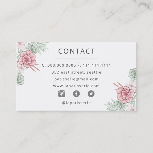 Elegante Blush Floral Wedding Cake Makers Bäckerei Visitenkarte (Rückseite)