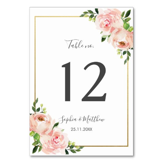 Elegante Blush Floral Wedding Tischnummer (Vorderseite)