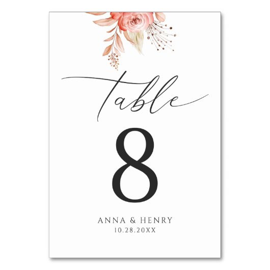 Elegante Blush Floral Wedding Tischnummer (Vorderseite)