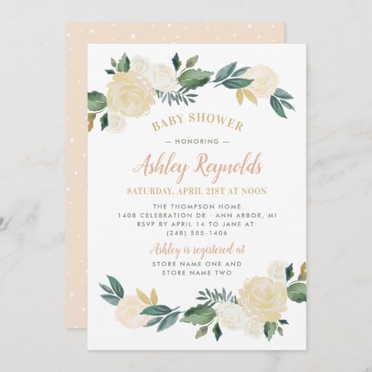 Elegante Blush Gold Green Floral Girl Babydusche Einladung (Vorne/Hinten)