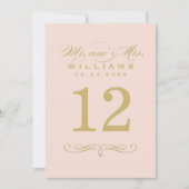 Elegante Blush-Gold-Script-Hochzeitsskrippe-Tischn Einladung (Vorderseite)