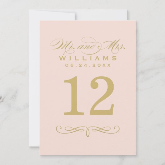 Elegante Blush-Gold-Script-Hochzeitsskrippe-Tischn Einladung (Vorderseite)