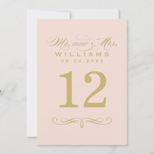 Elegante Blush-Gold-Script-Hochzeitsskrippe-Tischn Einladung (Rückseite)