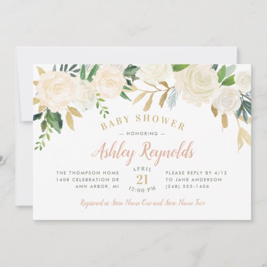Elegante Blush Gold und grüne Blumen Baby Dusche Einladung (Vorderseite)
