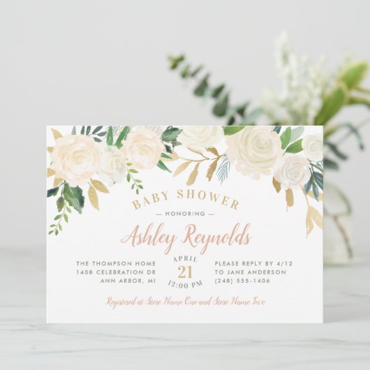 Elegante Blush Gold und grüne Blumen Baby Dusche Einladung (Stehend Vorderseite)