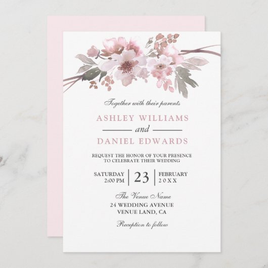 Elegante Blush & Gray White Floral Wedding Einladung (Vorne/Hinten)