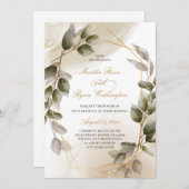 Elegante Blush Green & Gold Foliage Hochzeit Einladung (Vorne/Hinten)