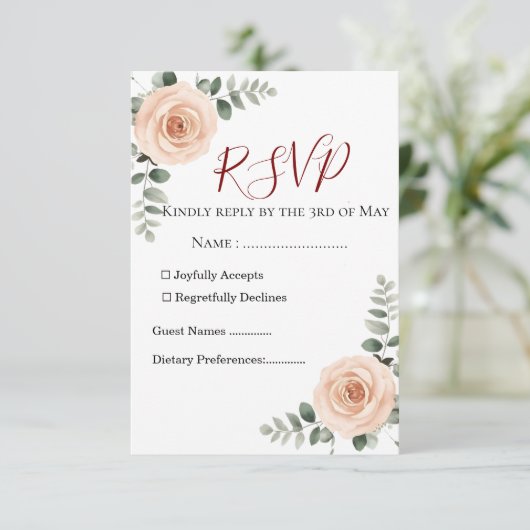 Elegante Blush & Greenerity Wedding RSVP Card | Ev (Stehend Vorderseite)