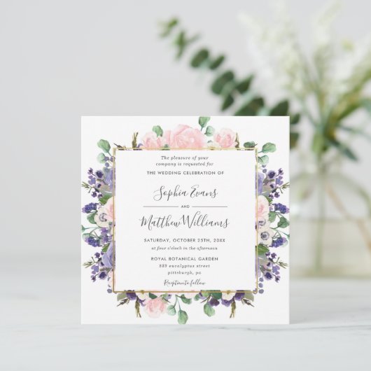 Elegante Blush Lavender Lila Blumengold Hochzeit Einladung (Stehend Vorderseite)