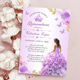 Elegante Blush Lila Blüte Quinceñera Einladung