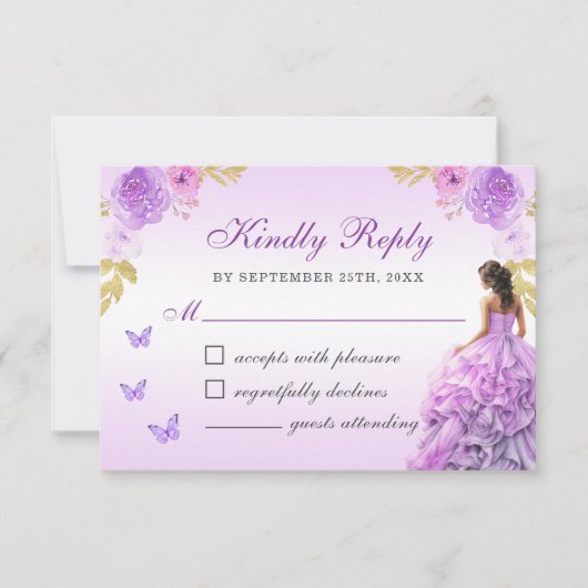 Elegante Blush Lila Blüte Quinceñera RSVP Karte (Vorderseite)
