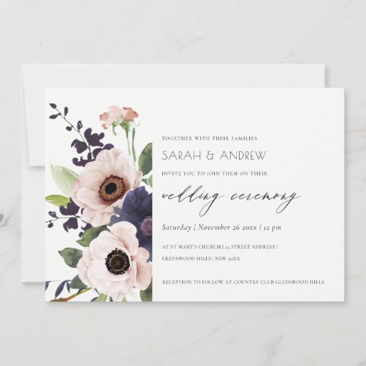 Elegante Blush Navy Anemone Bloral Wedding Einladu Dankeskarte (Vorderseite)