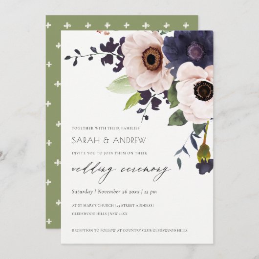 Elegante Blush Navy Anemone Bloral Wedding Einladu Dankeskarte (Vorne/Hinten)