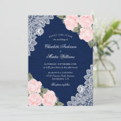 Elegante Blush Navy Blue Burlap Lace Floral Weddin Einladung (Stehend Vorderseite)