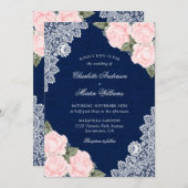 Elegante Blush Navy Blue Burlap Lace Floral Weddin Einladung (Vorne/Hinten)
