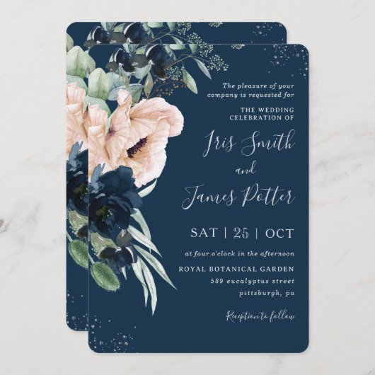 Elegante Blush Navy Blues Silver Wedding Einladung (Vorne/Hinten)