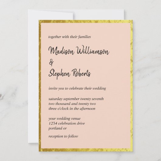 Elegante Blush Peach and Imitate Gold Wedding Einladung (Vorderseite)