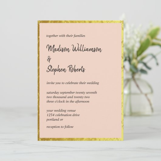 Elegante Blush Peach and Imitate Gold Wedding Einladung (Stehend Vorderseite)
