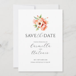 Elegante Blush Peach Floral Flat Save the Date Kar