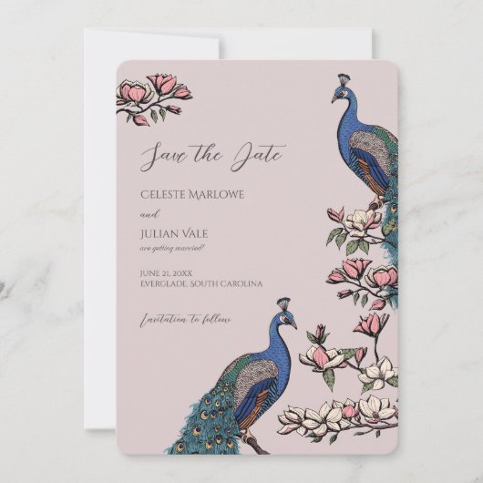 Elegante Blush Peacock Wedding Save The Date (Vorderseite)