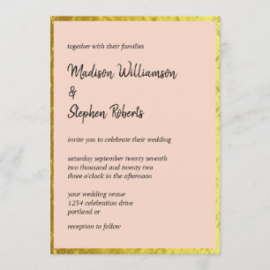 Elegante Blush-Pfirsich- und Faux-Gold-Hochzeit Einladung