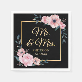 Elegante Blush Pink Black Gold Floral Wedding Serviette