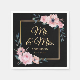 Elegante Blush Pink Black Gold Floral Wedding Serviette