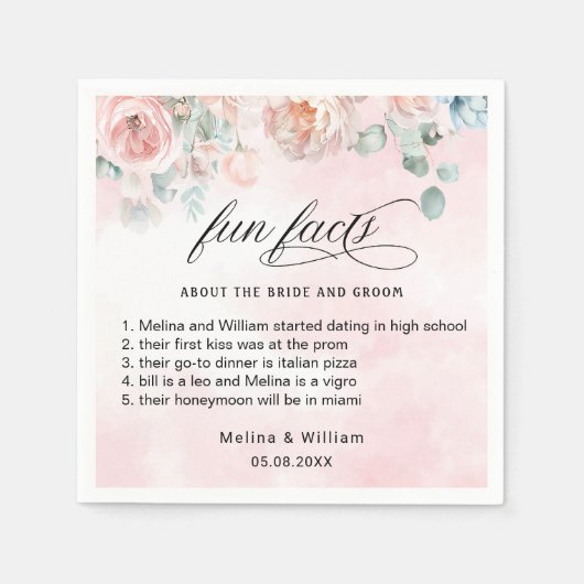Elegante Blush Pink Bläserner Spaß Fakten Hochzeit Serviette (Vorderseite)