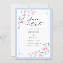 Elegante Blush Pink Blue Watercolor Blume Hochzeit