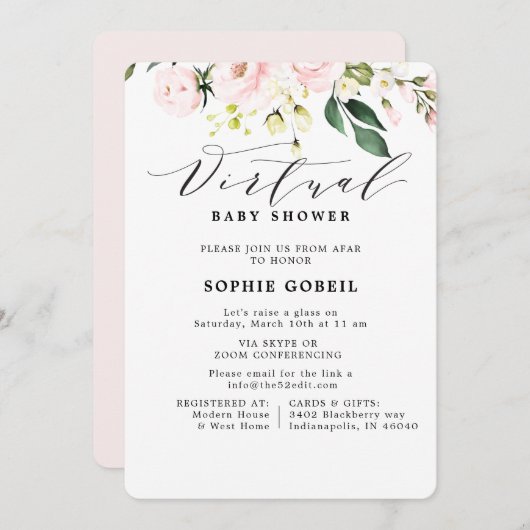 Elegante Blush Pink Blumendusche, VIRTUTAL Baby Du Einladung (Vorne/Hinten)
