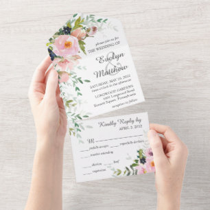 Elegante Blush Pink Blumenstrauß auf Weiße Hochzei All In One Einladung